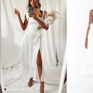 Show Me Your Mumu Garden Midi Dress in Ivory luxe satin